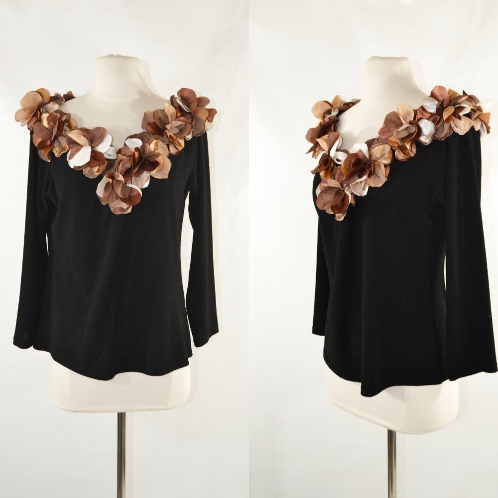 Black Knit Ruffle Collar Blouse by Nina Raynor